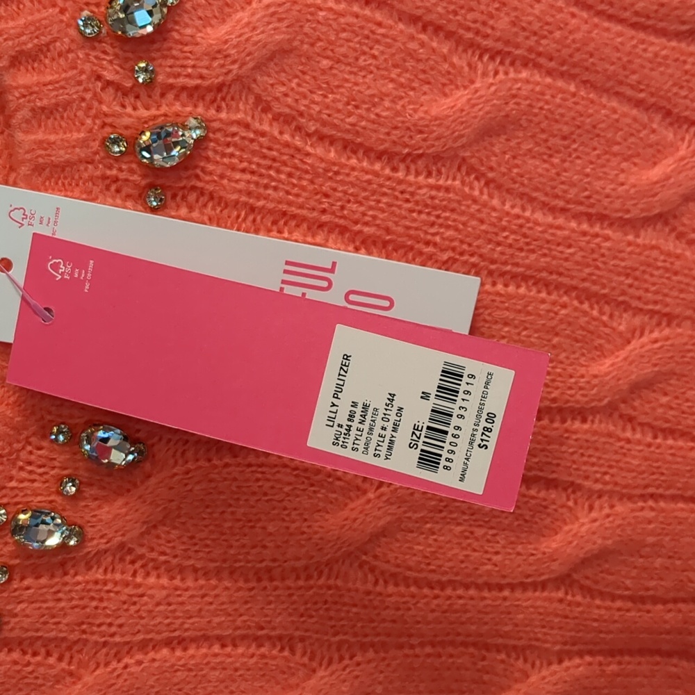 Lilly Pulitzer Dario Rhinestone Embellished Coral Scoop Neck Cable Knit Sweater - Picture 8 of 13